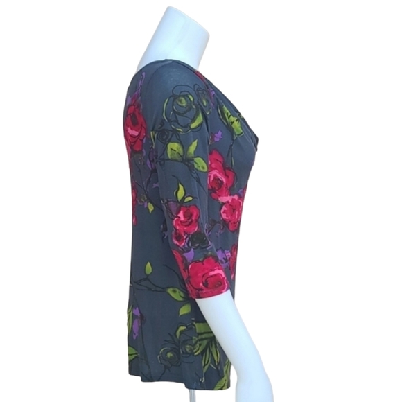 WESTON WEAR ANTHRO Cowl Neck Blouse S Top Shirt Watercolor Floral Gray Draped - Picture 6 of 13